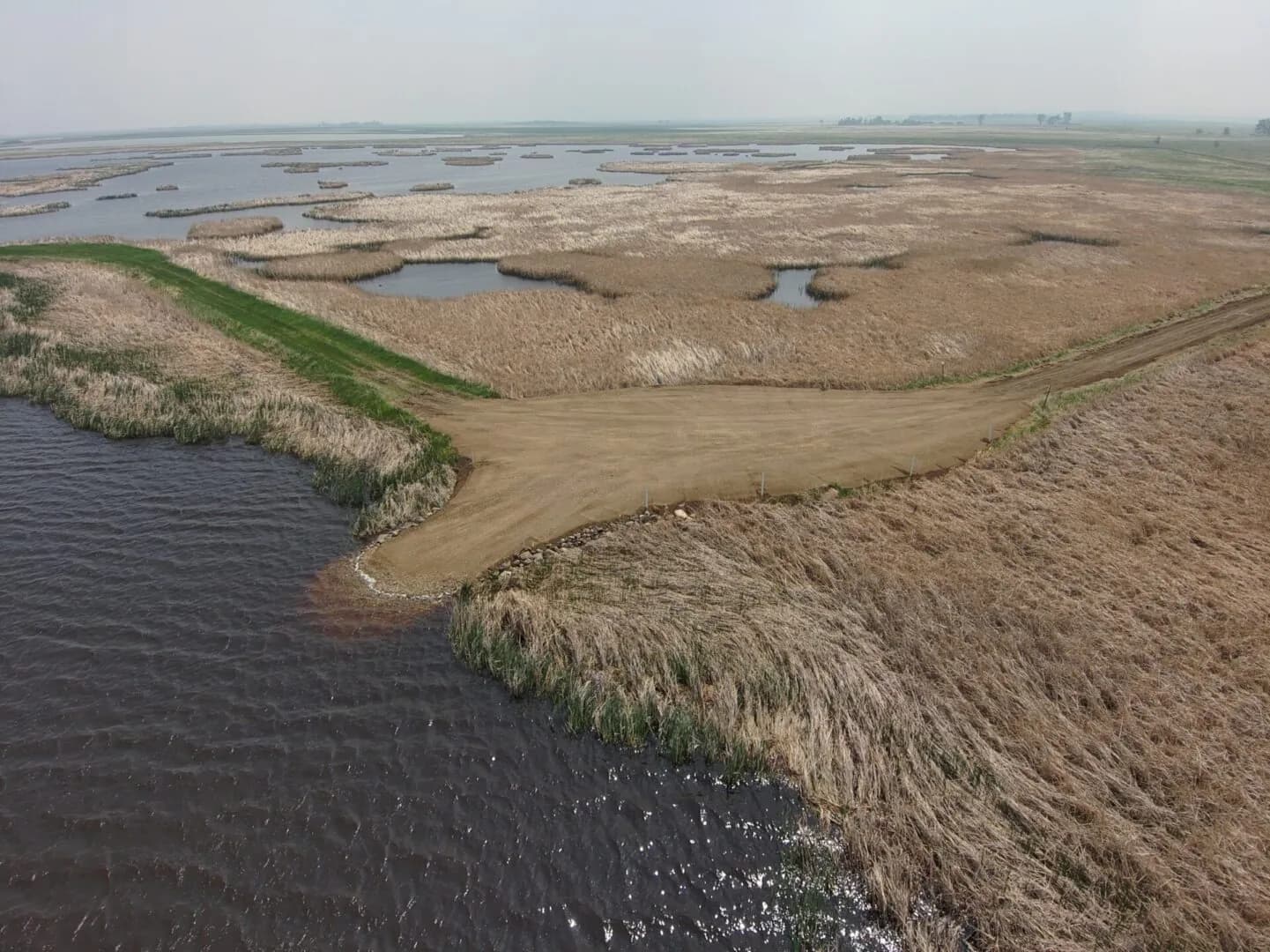 Aerial view of reclaimed prairie and wetland in North Dakota