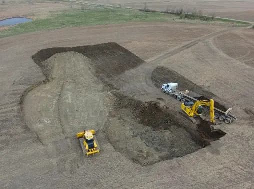 Aerial view of the open excavation at Amanda Kunkel 2, a dozer and an excavator working the cut.