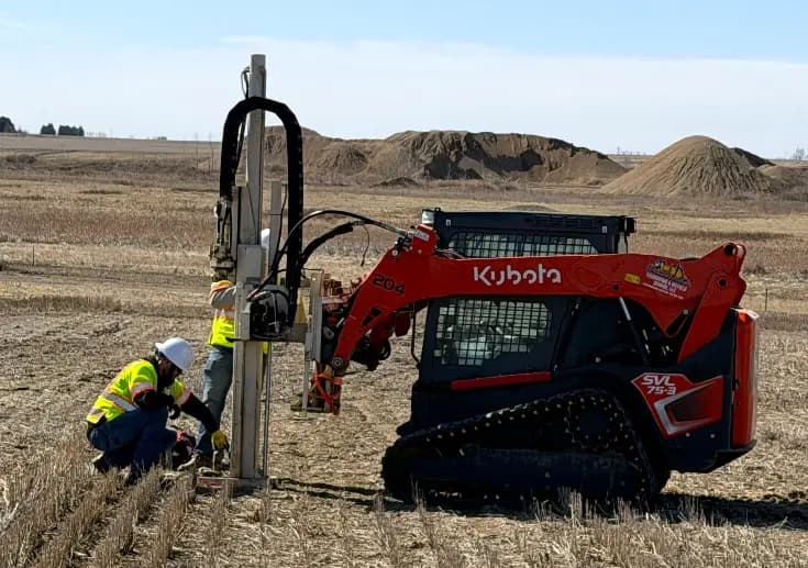The track-mounted Geoprobe rig collecting a soil sample, two crew working the controls.