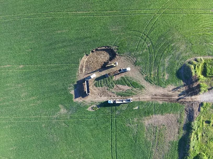 Aerial view of the work area at Schwartz 1, surrounded by growing crop.
